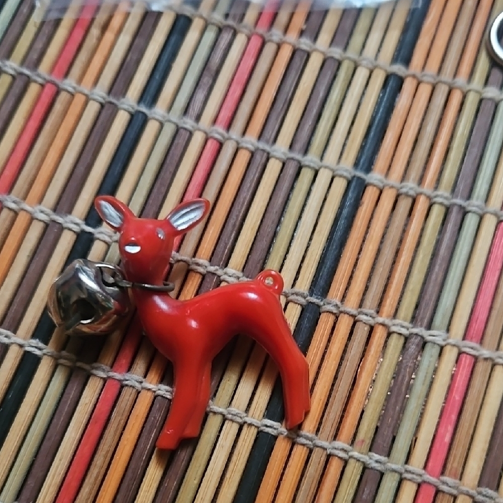 Vintage Red Deer Pendant with Silver Bell